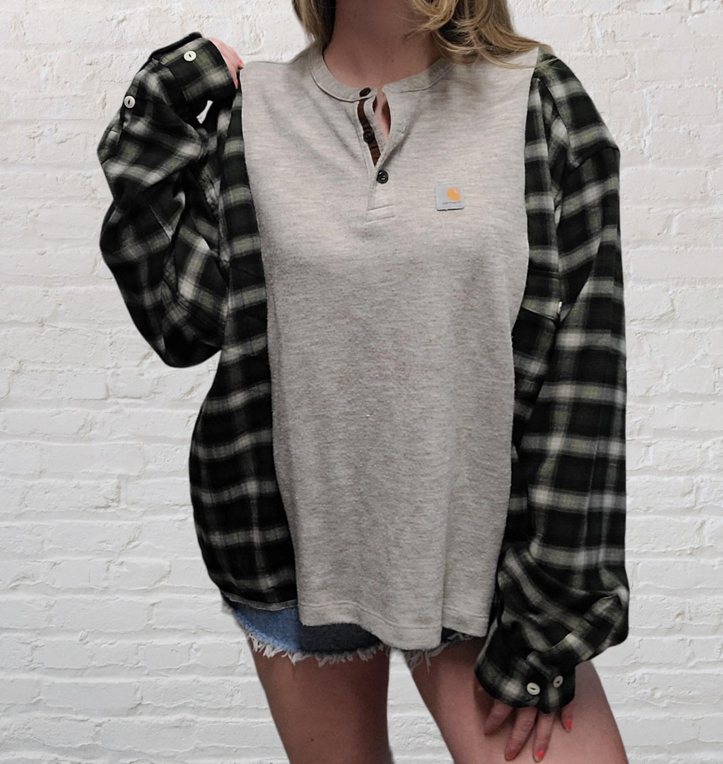 Neutral henley x flannel with carhartt patch
