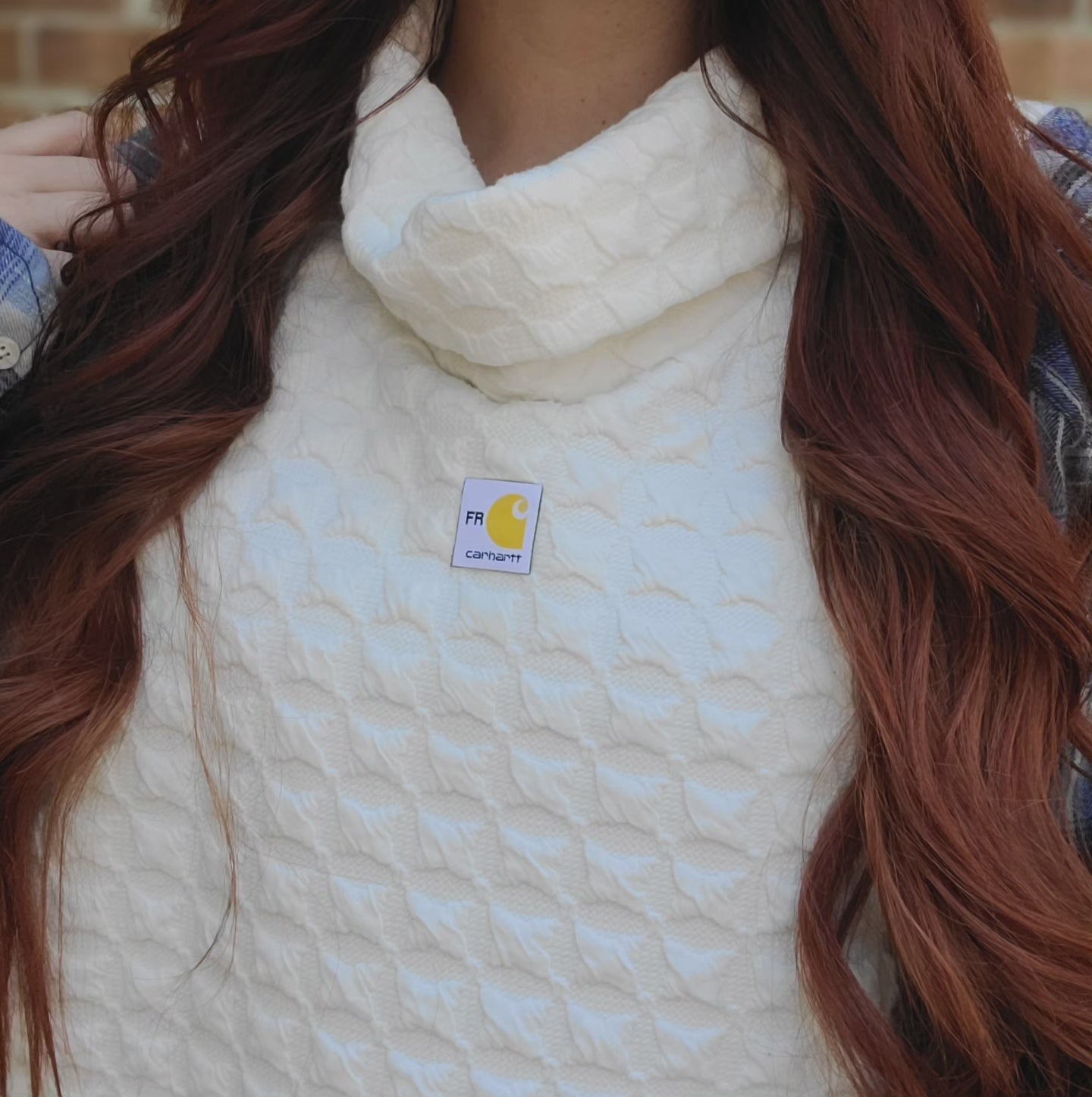 White textured sweater x flannel with carhartt patch