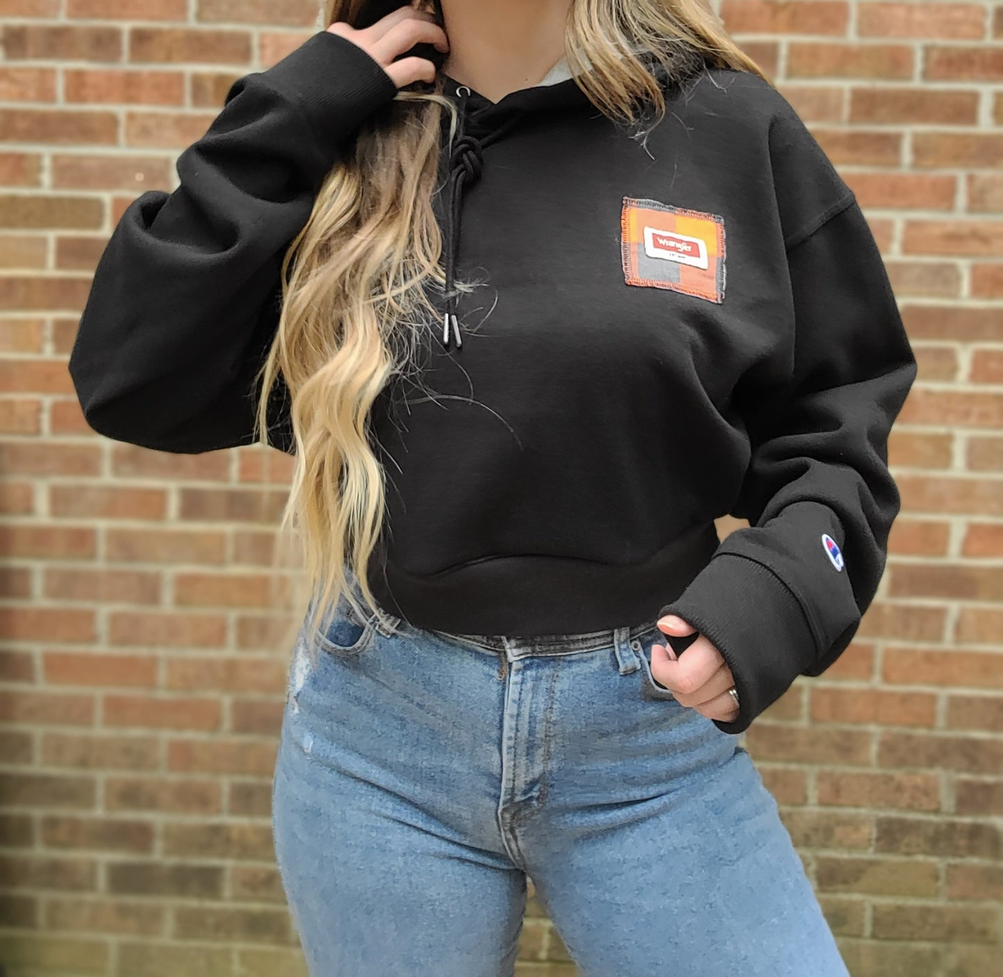 Custom cropped Champion hoodie with wrangler patch