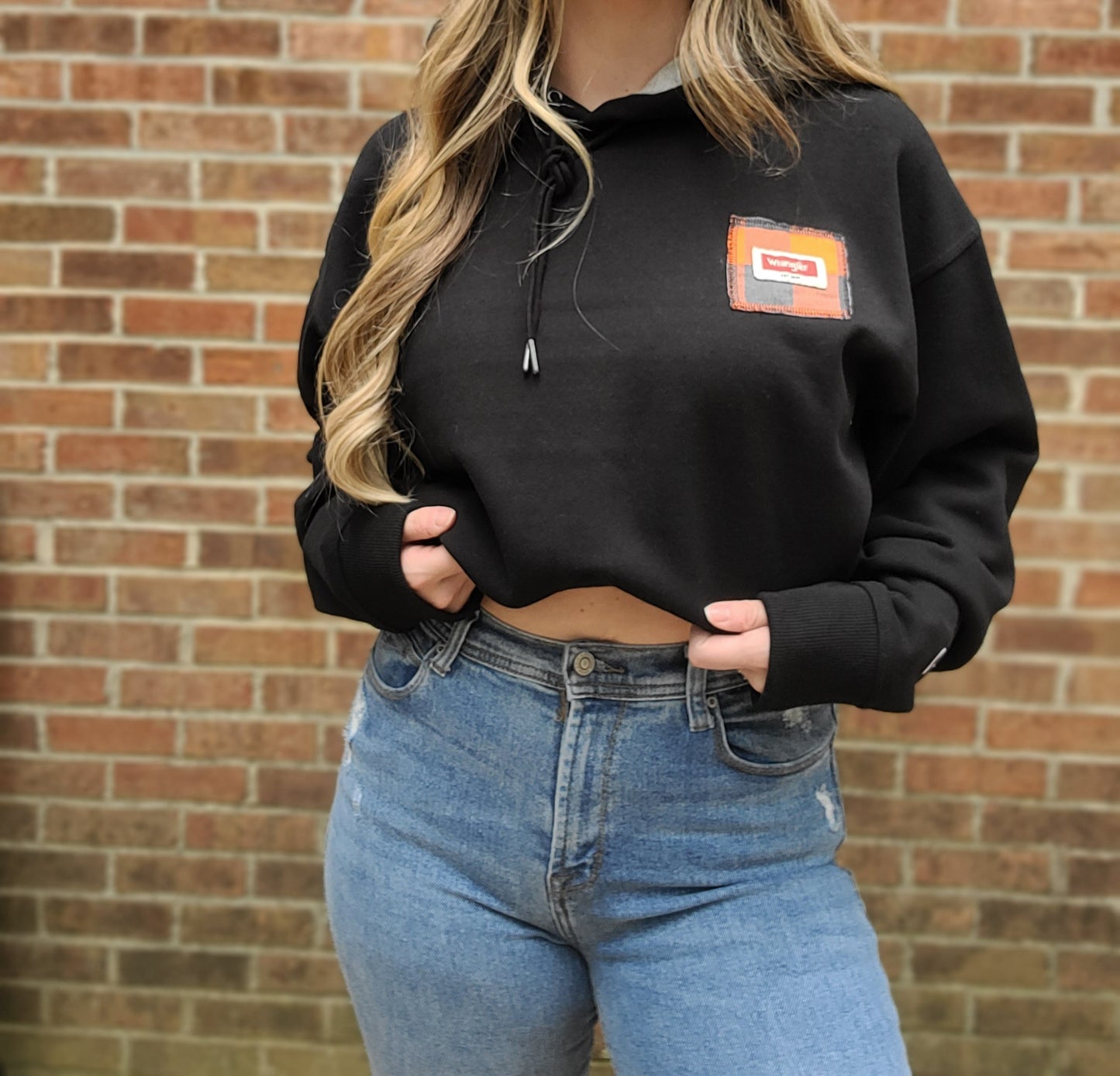 Custom cropped Champion hoodie with wrangler patch