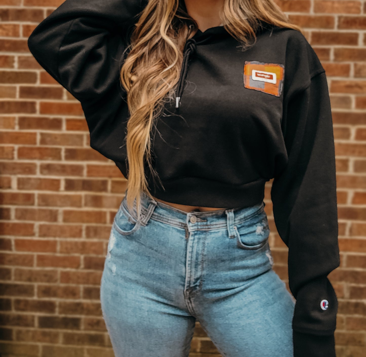 Custom cropped Champion hoodie with wrangler patch