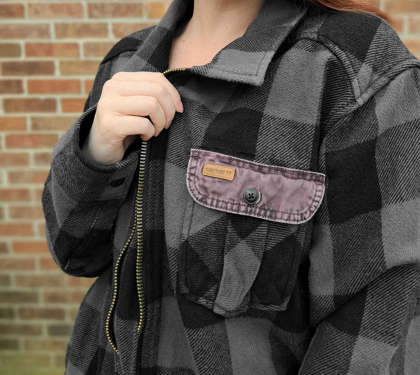 Gray/black full zip shacket with carhartt pocket