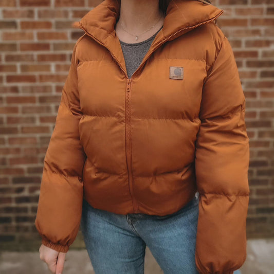 Puffer jacket with leather carhartt patch