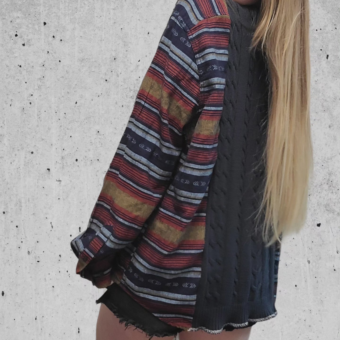 Vintage navy blue cable knit sweater x Aztec print sleeves with carhartt patch