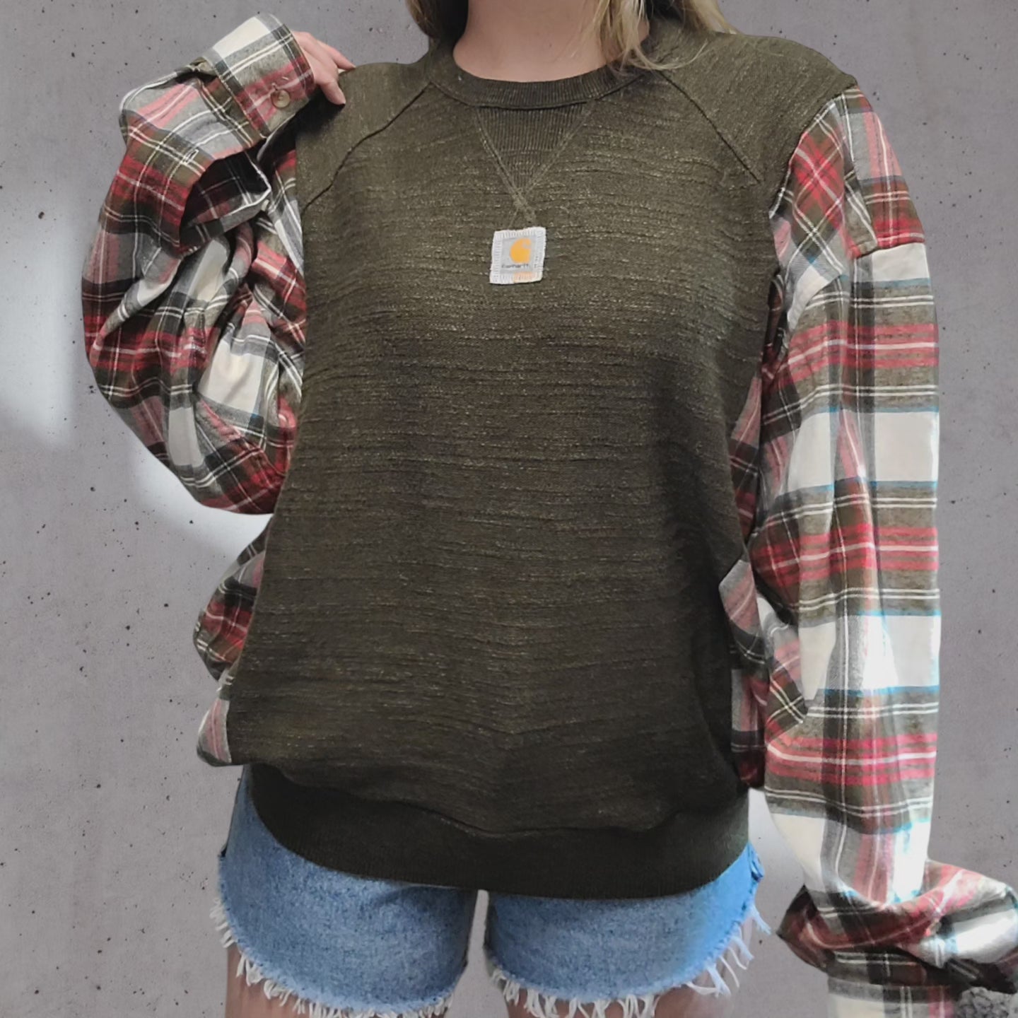 Olive green sweater x flannel with carhartt patch