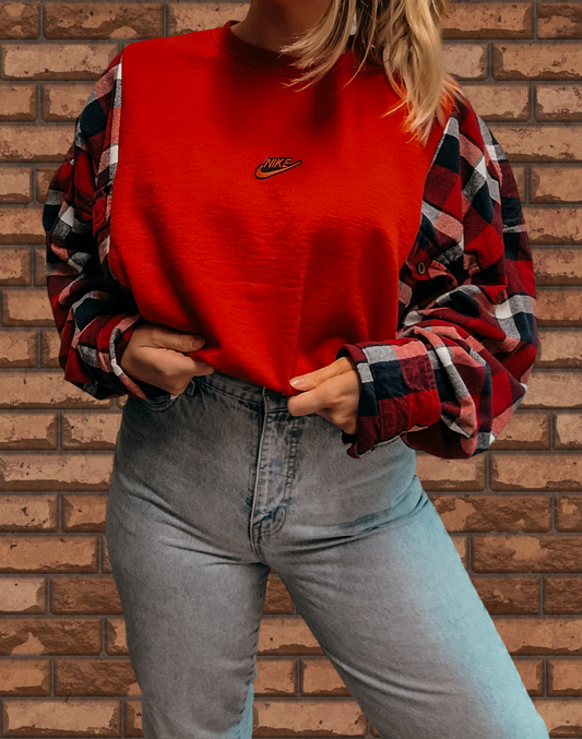 Red crewneck x flannel with Nike patch