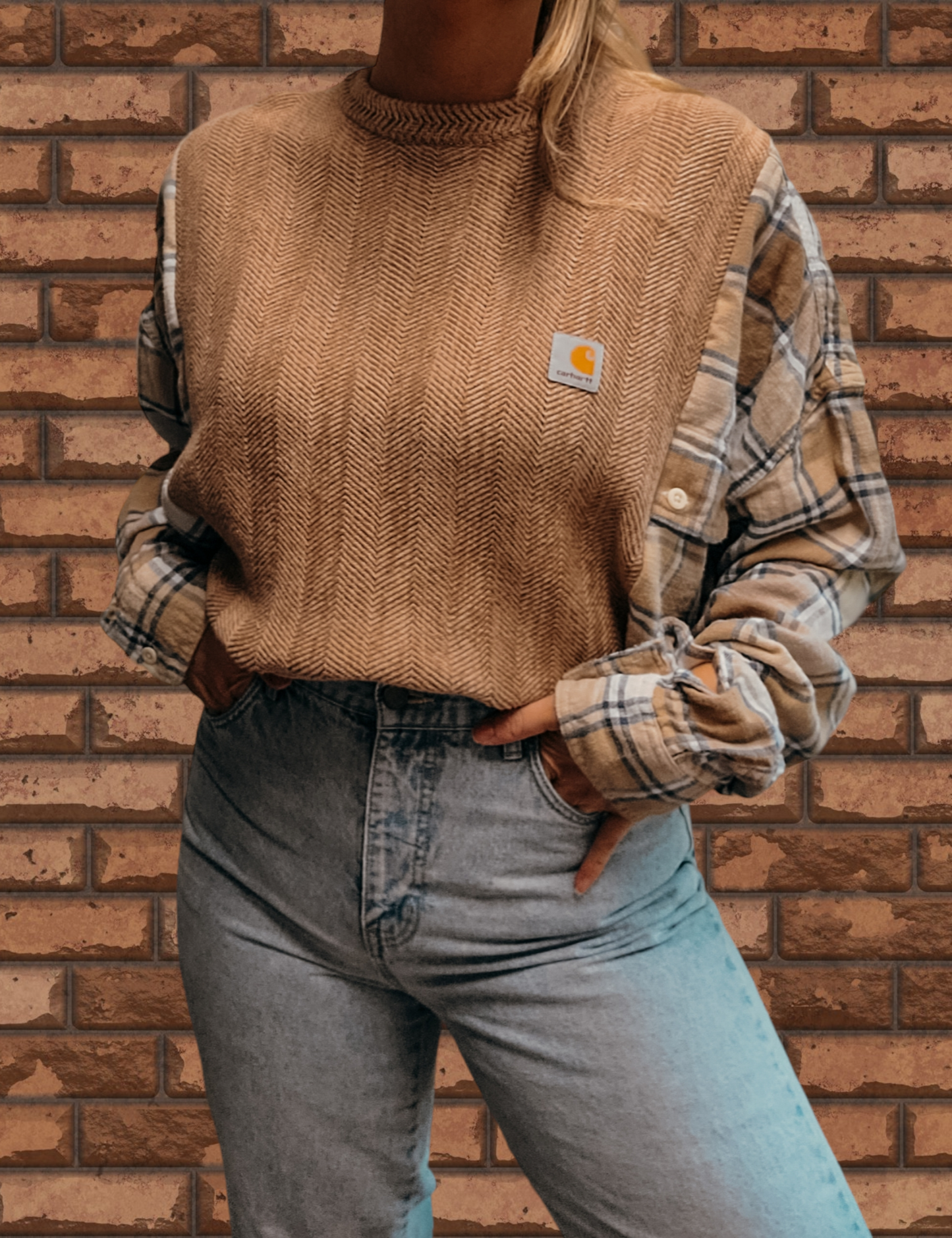 Vintage herringbone sweater x flannel with carhartt patch