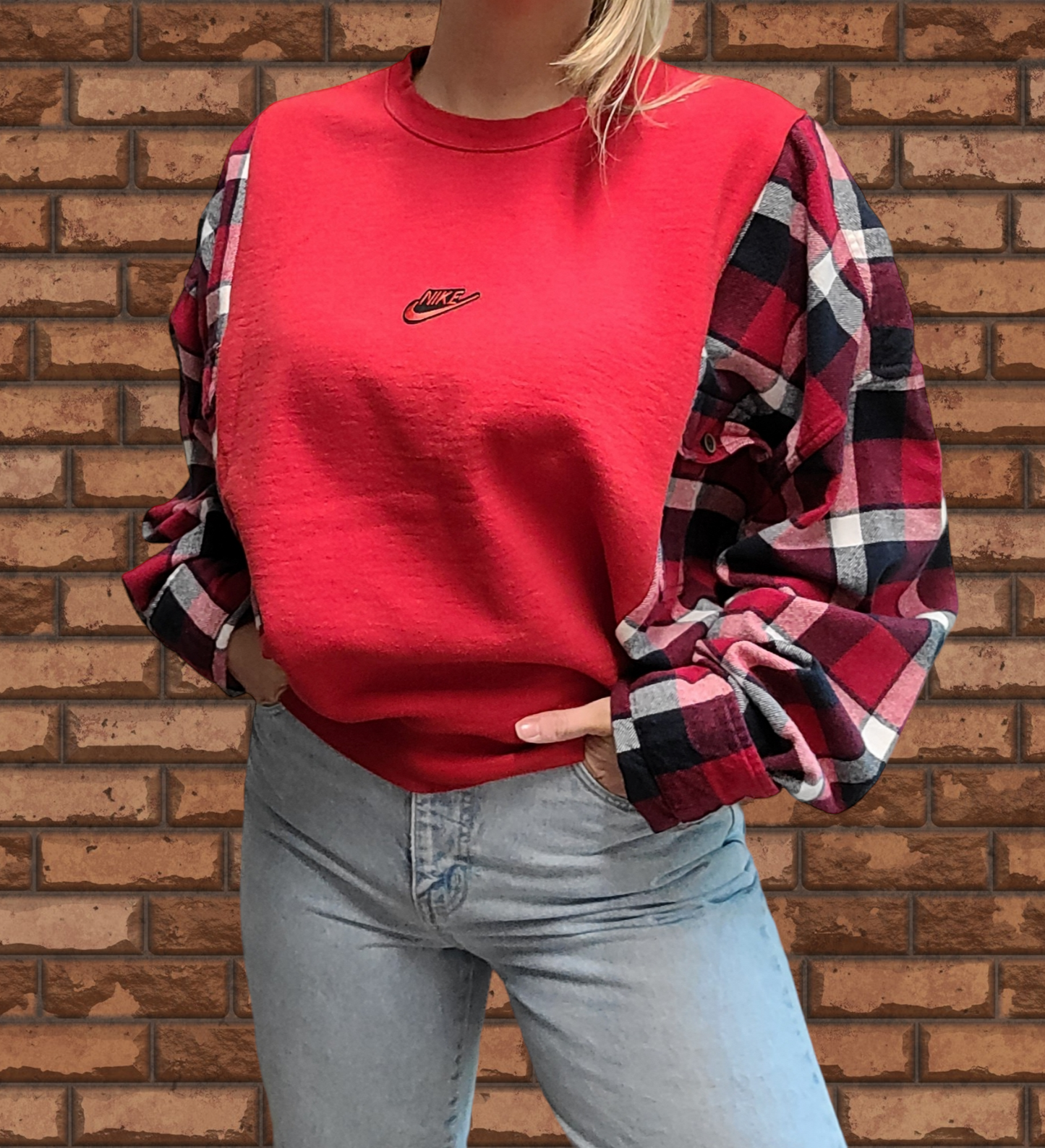 Red crewneck x flannel with Nike patch