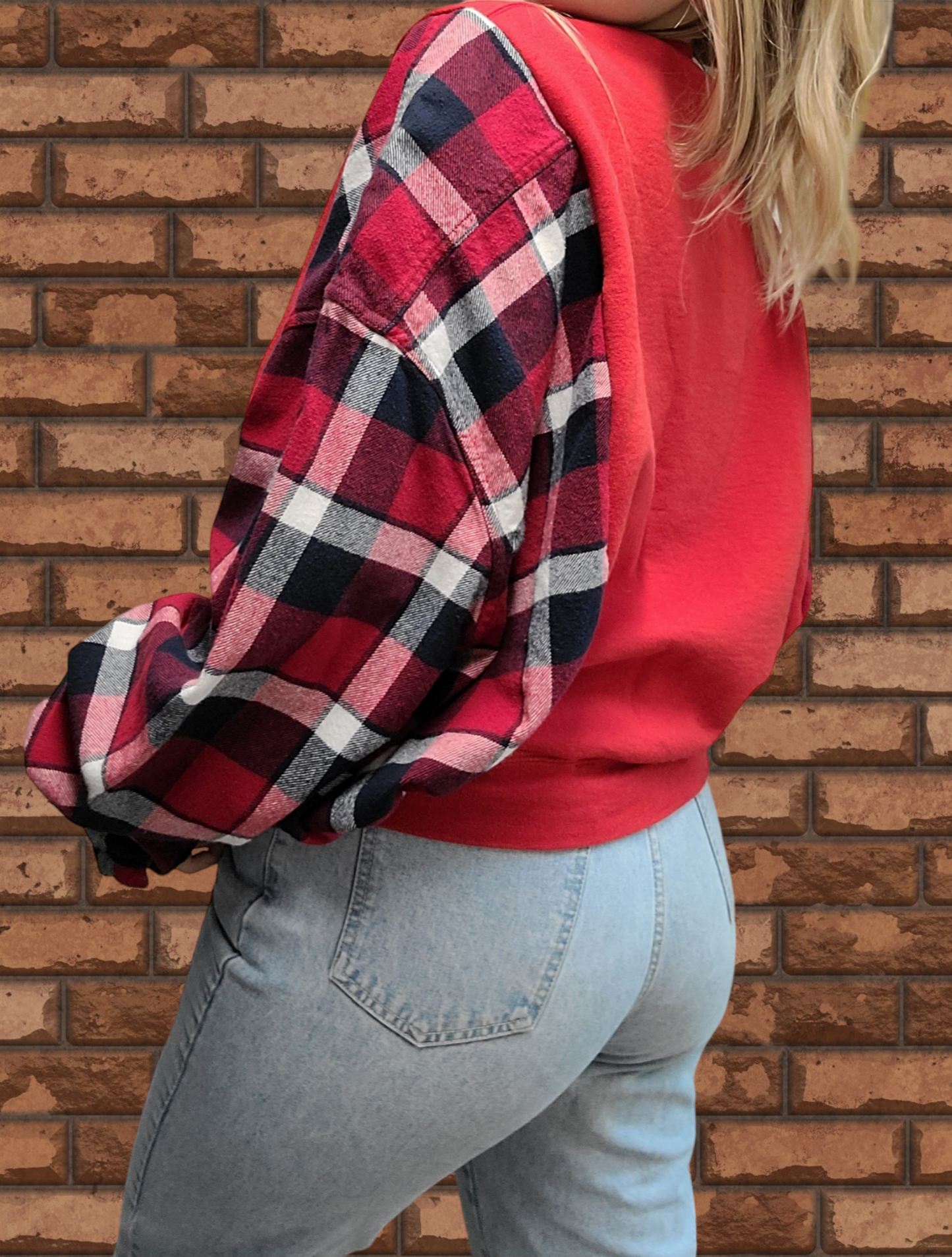 Red crewneck x flannel with Nike patch