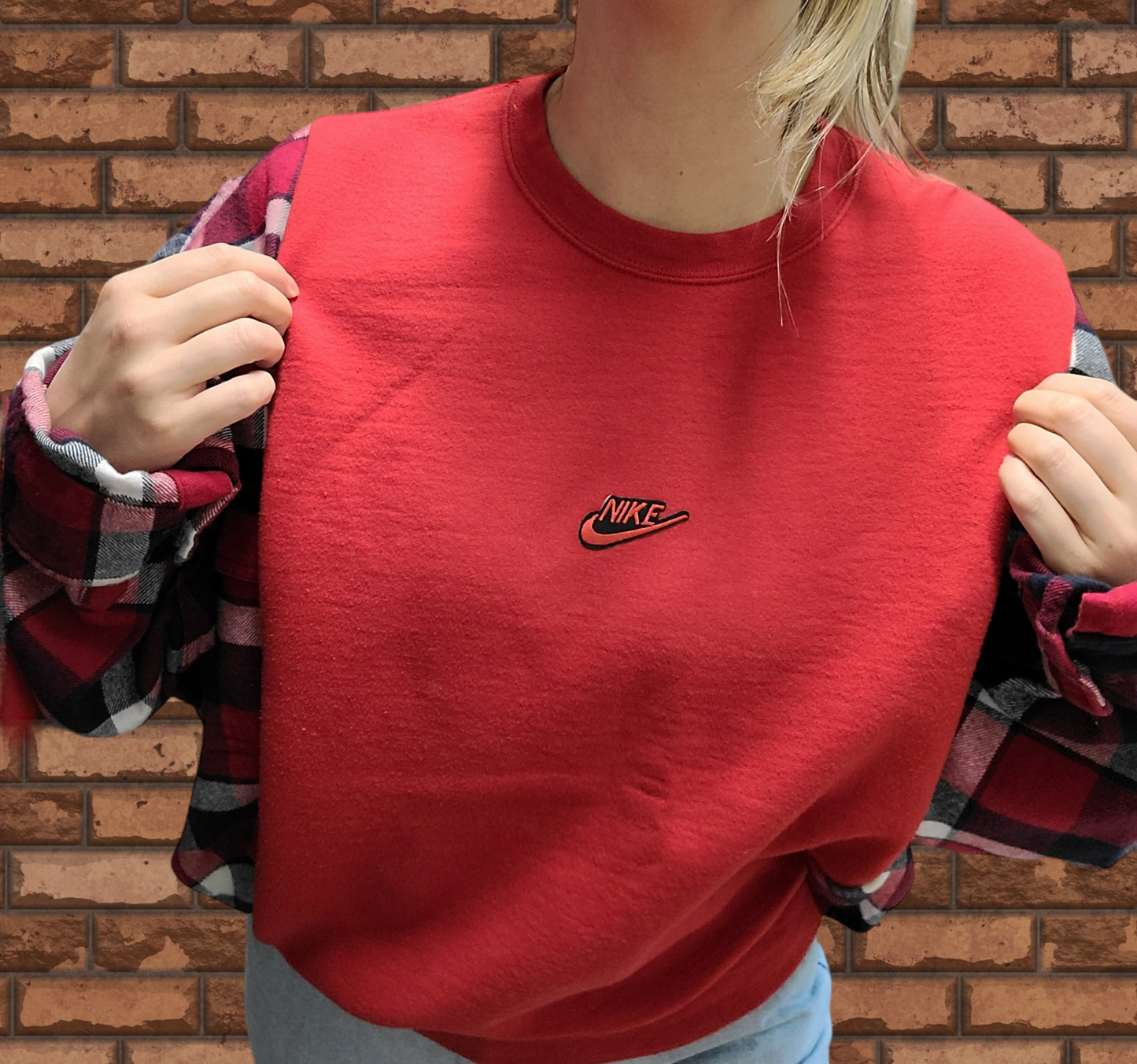 Red crewneck x flannel with Nike patch