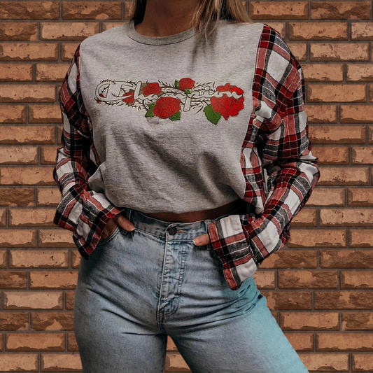 Vintage rose logo Champion tee x flannel