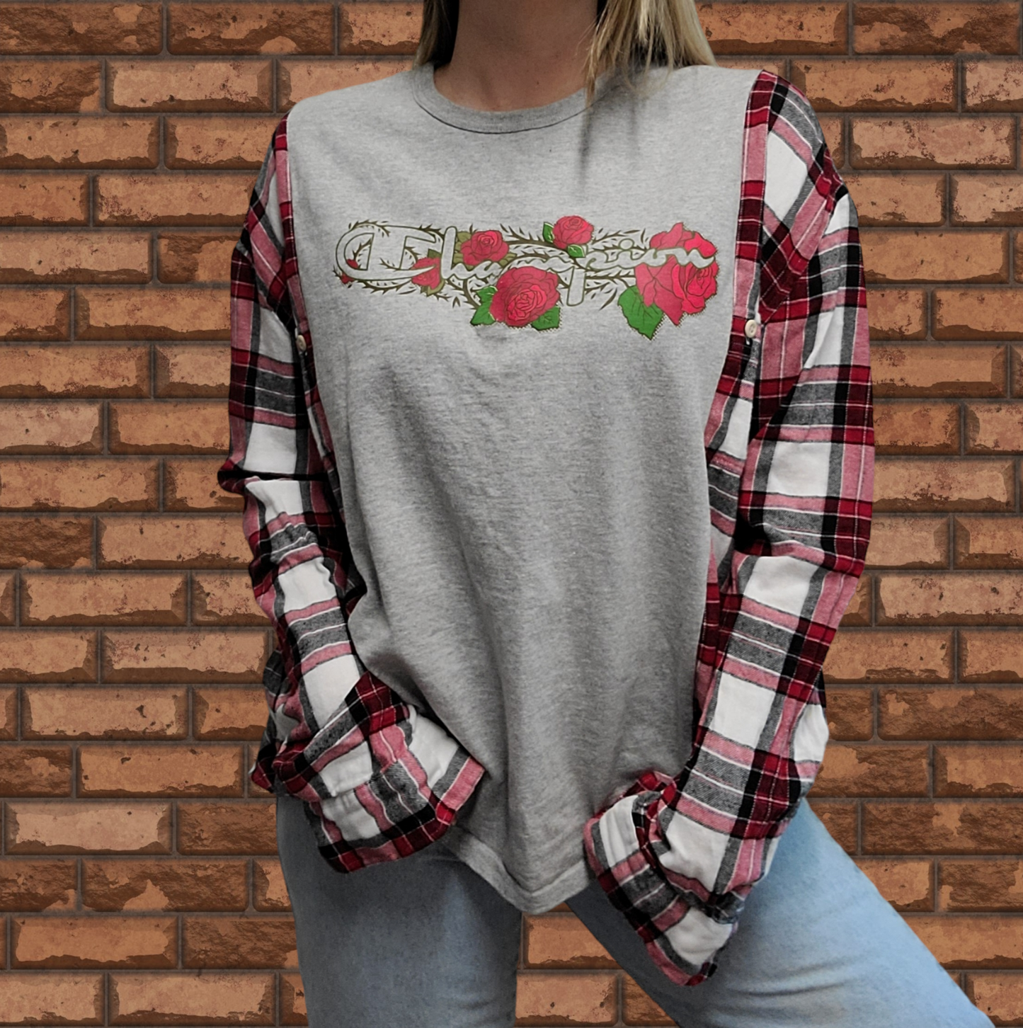 Vintage rose logo Champion tee x flannel