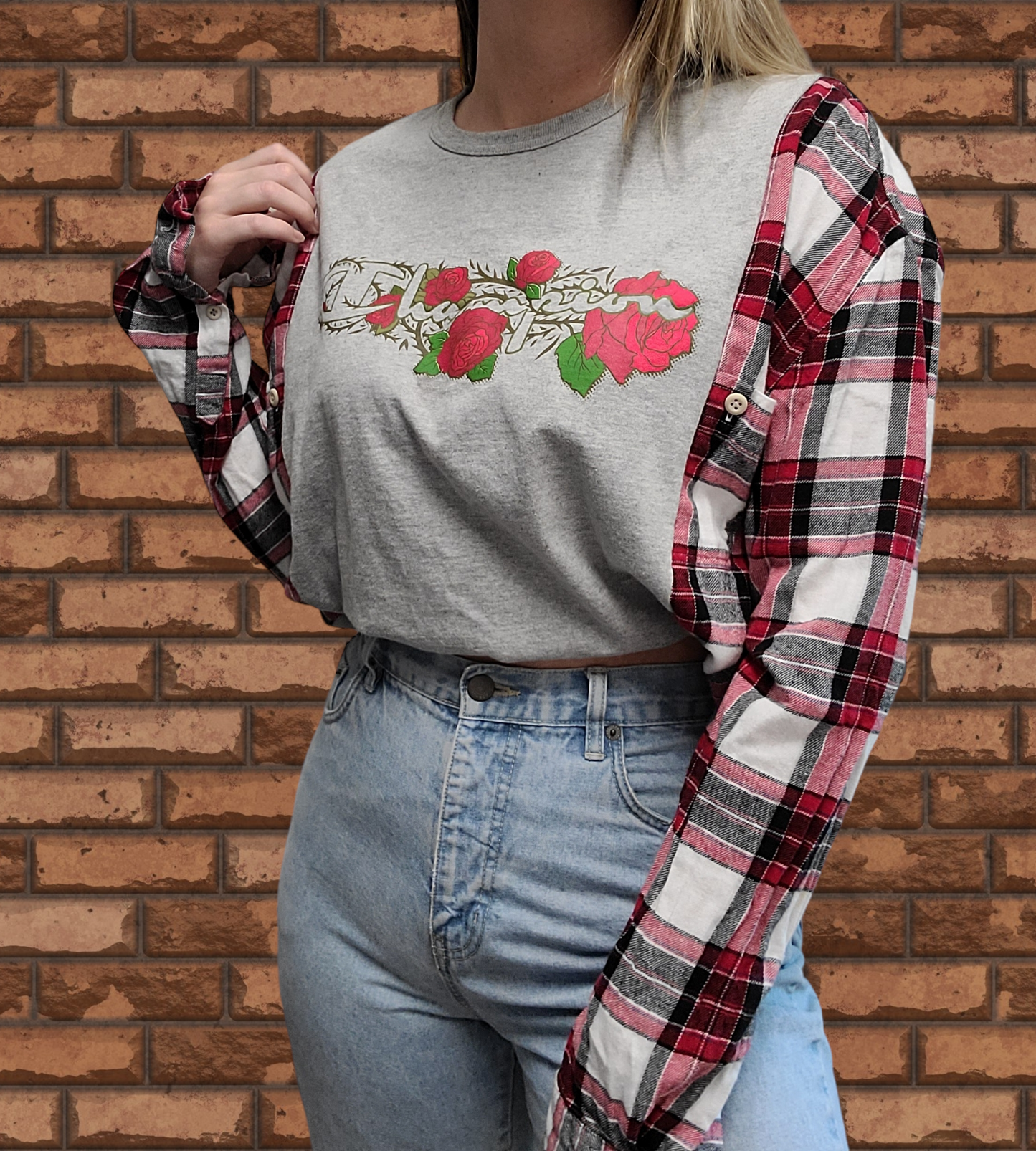 Vintage rose logo Champion tee x flannel