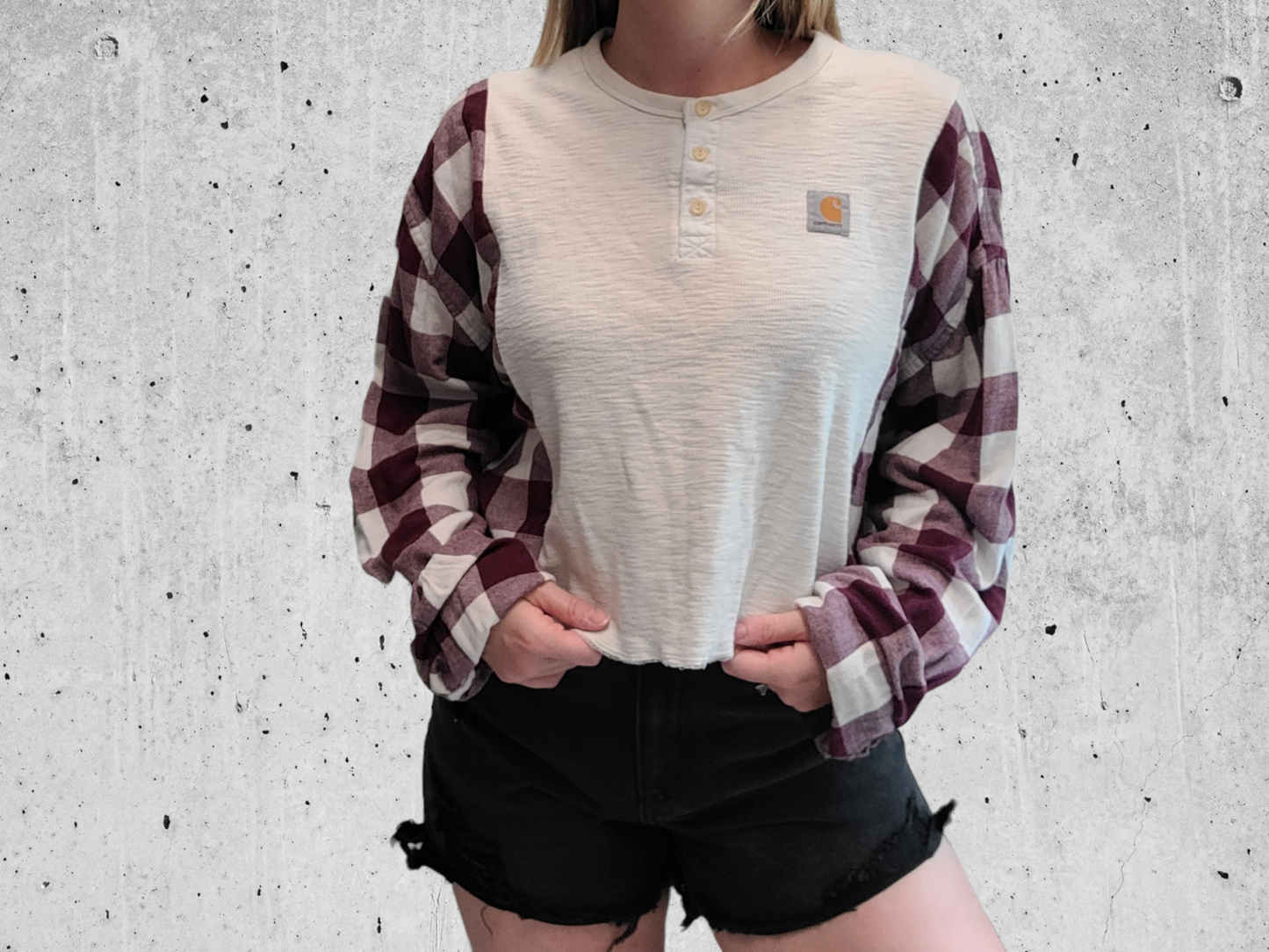 Cropped henley x flannel with carhartt patch