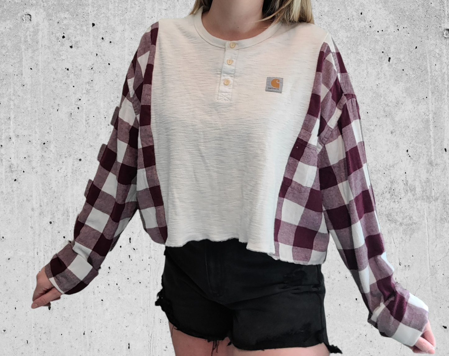 Cropped henley x flannel with carhartt patch