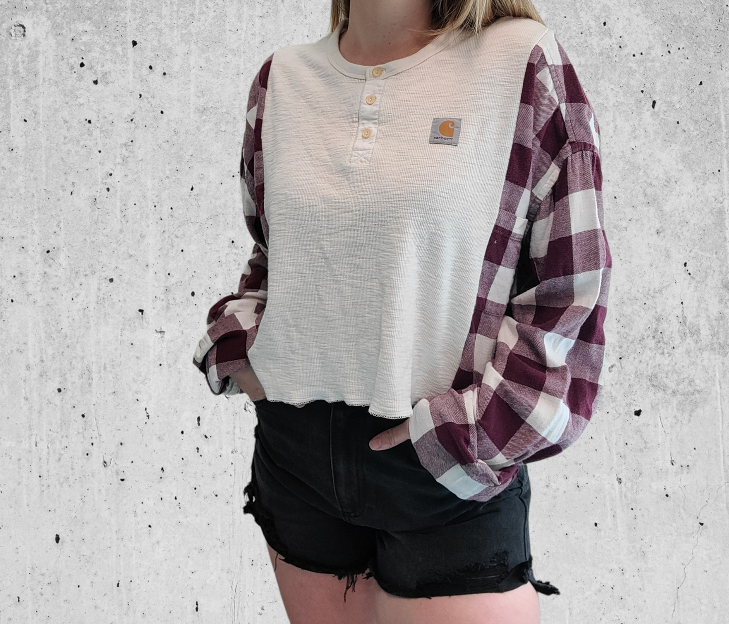 Cropped henley x flannel with carhartt patch