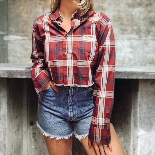 Cropped authentic Wrangler button up with outer patch