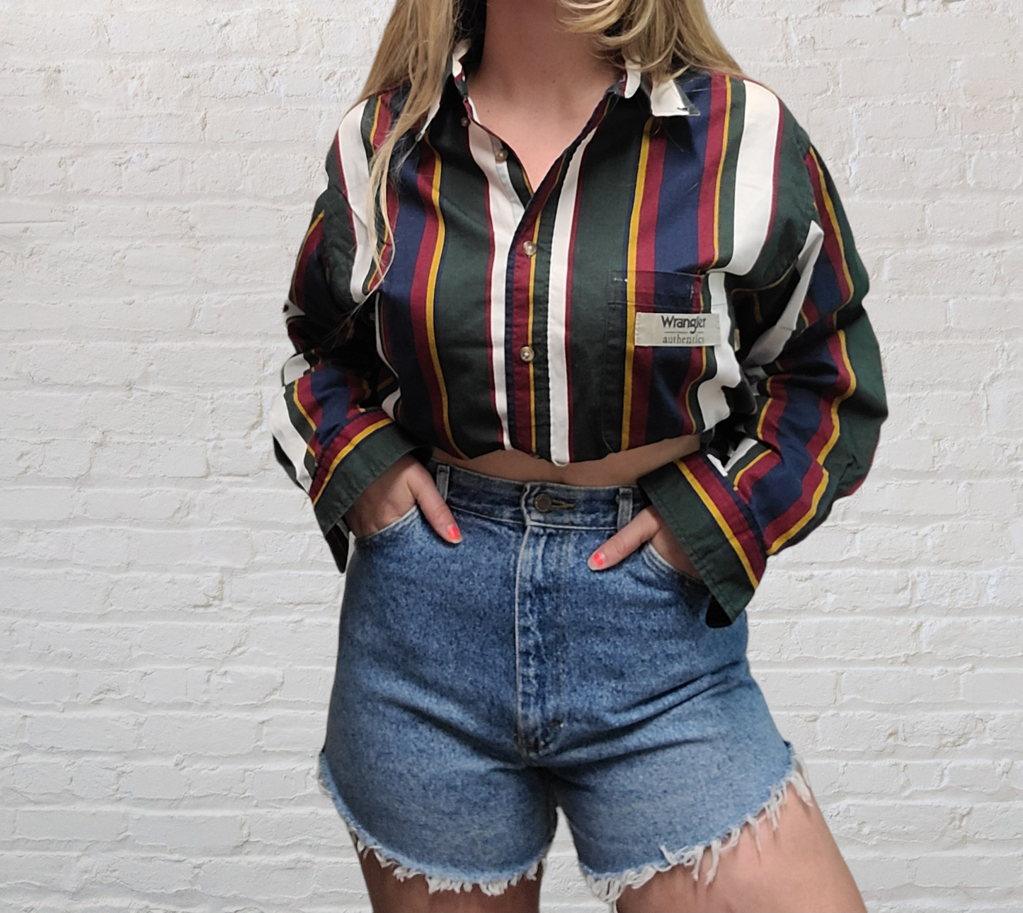 Vintage 90s Trader Bay dad shirt, cropped with wrangler patch