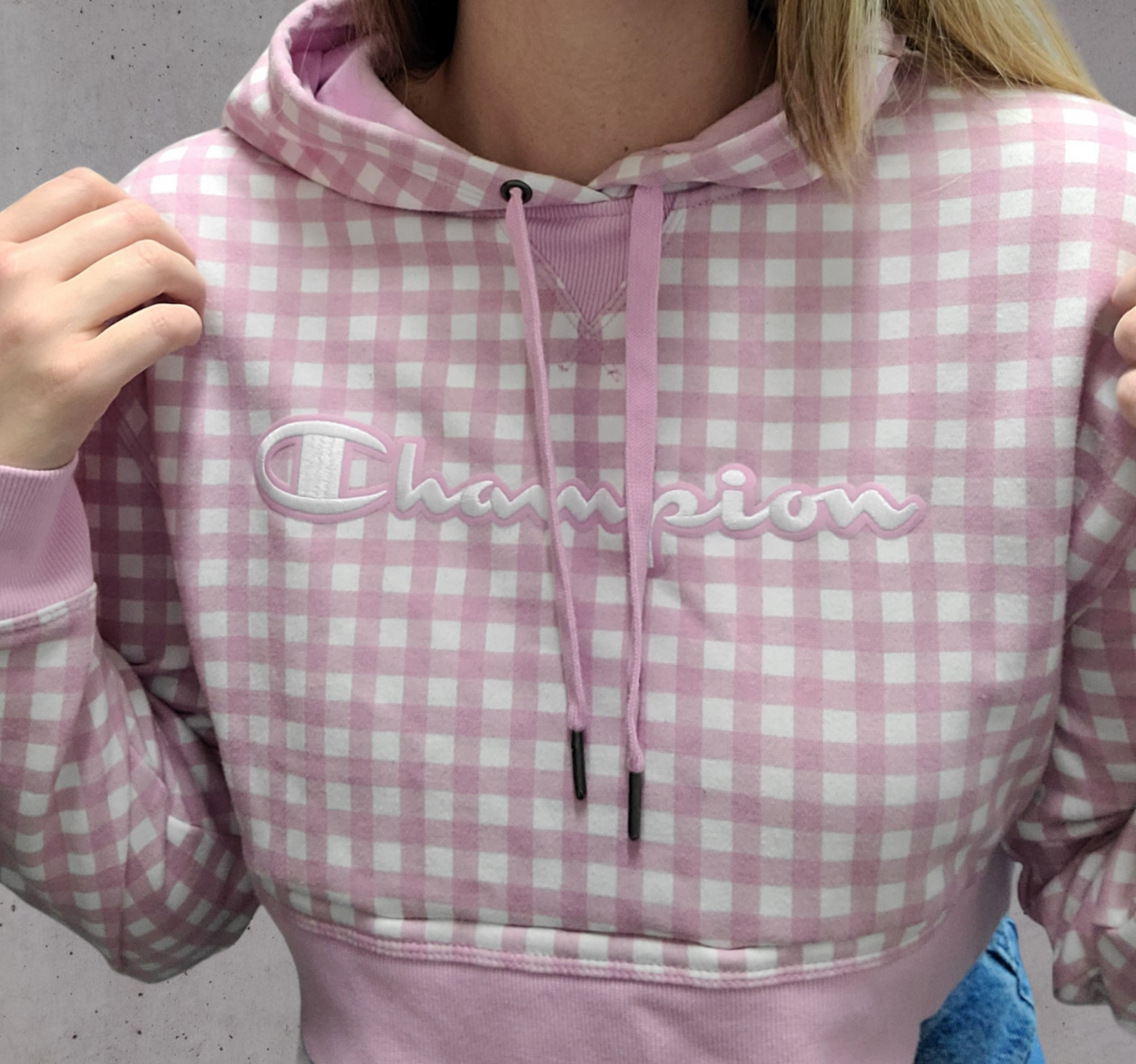 Custom cropped gingham Champion hoodie