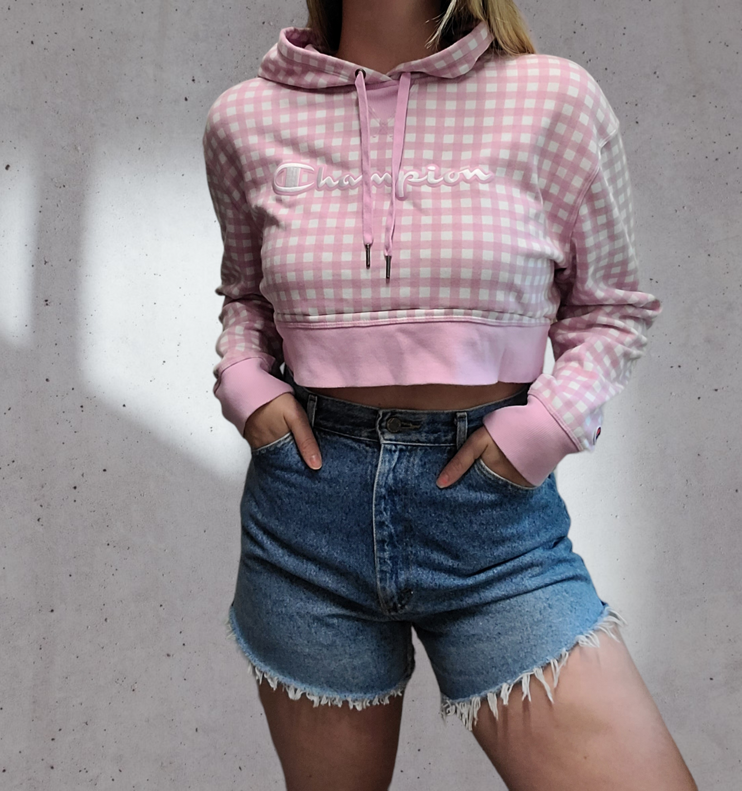 Custom cropped gingham Champion hoodie