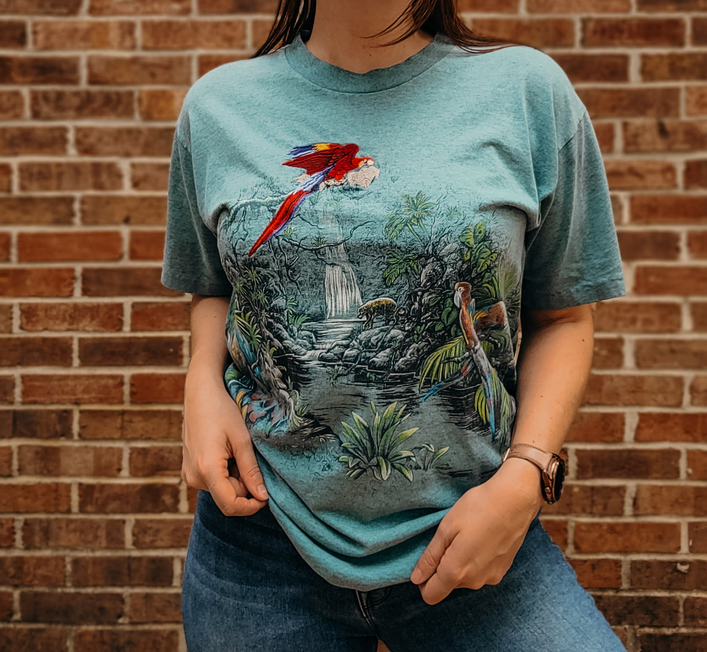 Vintage 90s embroidered tropical rainforest tee