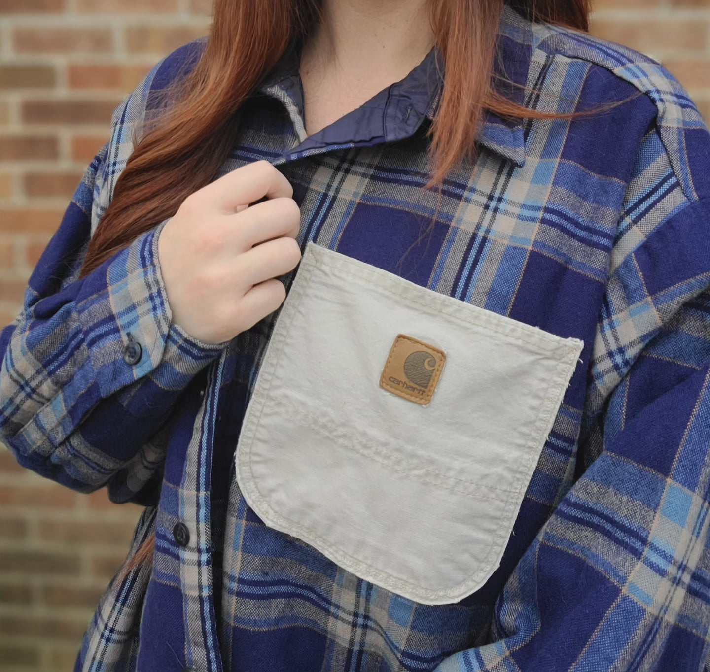 Vintage blue button-up shacket with carhartt pocket