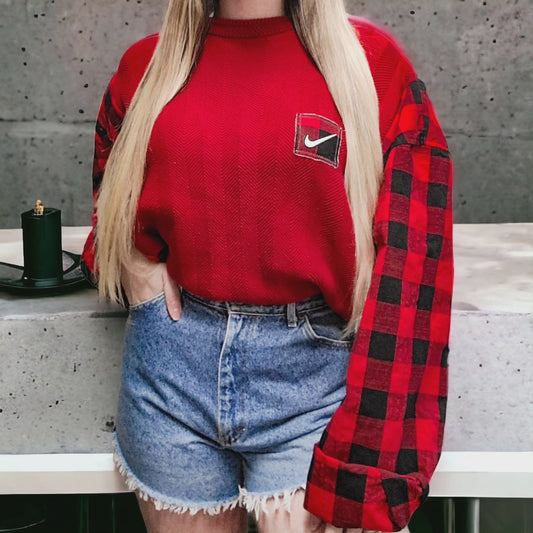 Vintage herringbone sweater x buffalo plaid flannel with logo