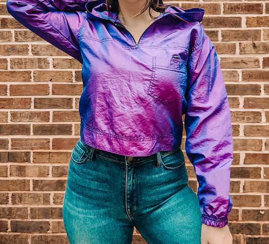 Vintage 1980s iridescent cropped windbreaker hoodie