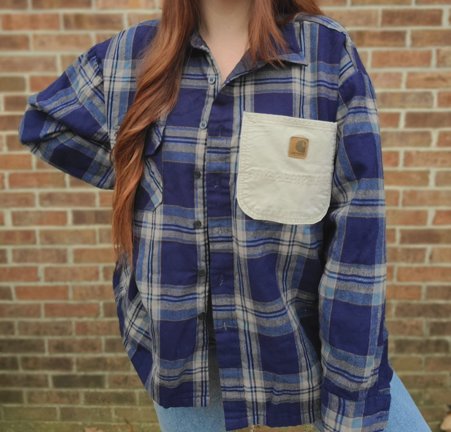 Vintage blue button-up shacket with carhartt pocket