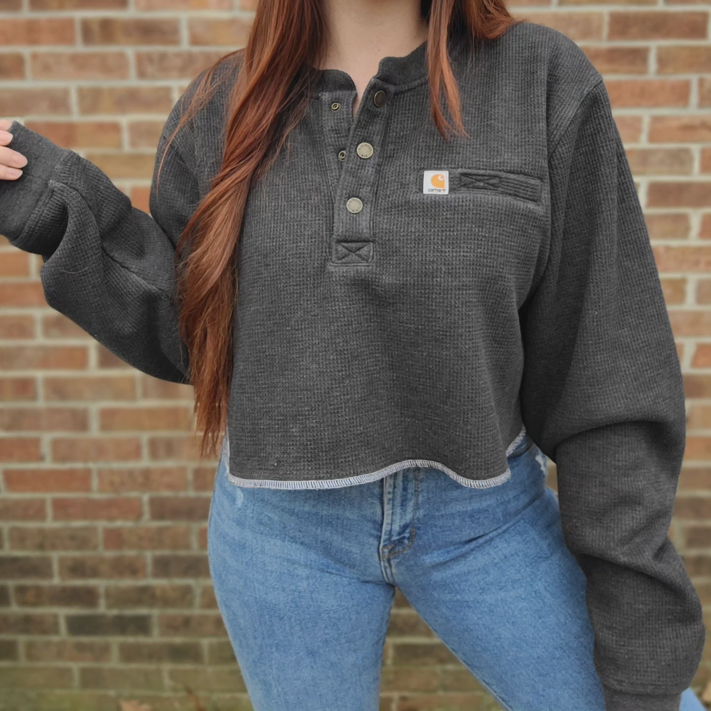 Custom cropped L.L.Bean thermal top with carhartt patch