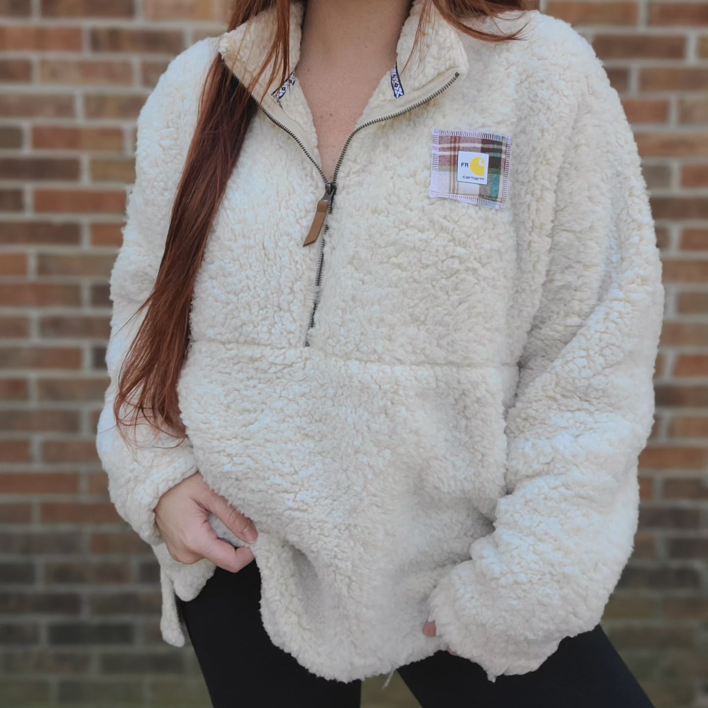 Cream quarter zip sherpa with flannel carhartt patch