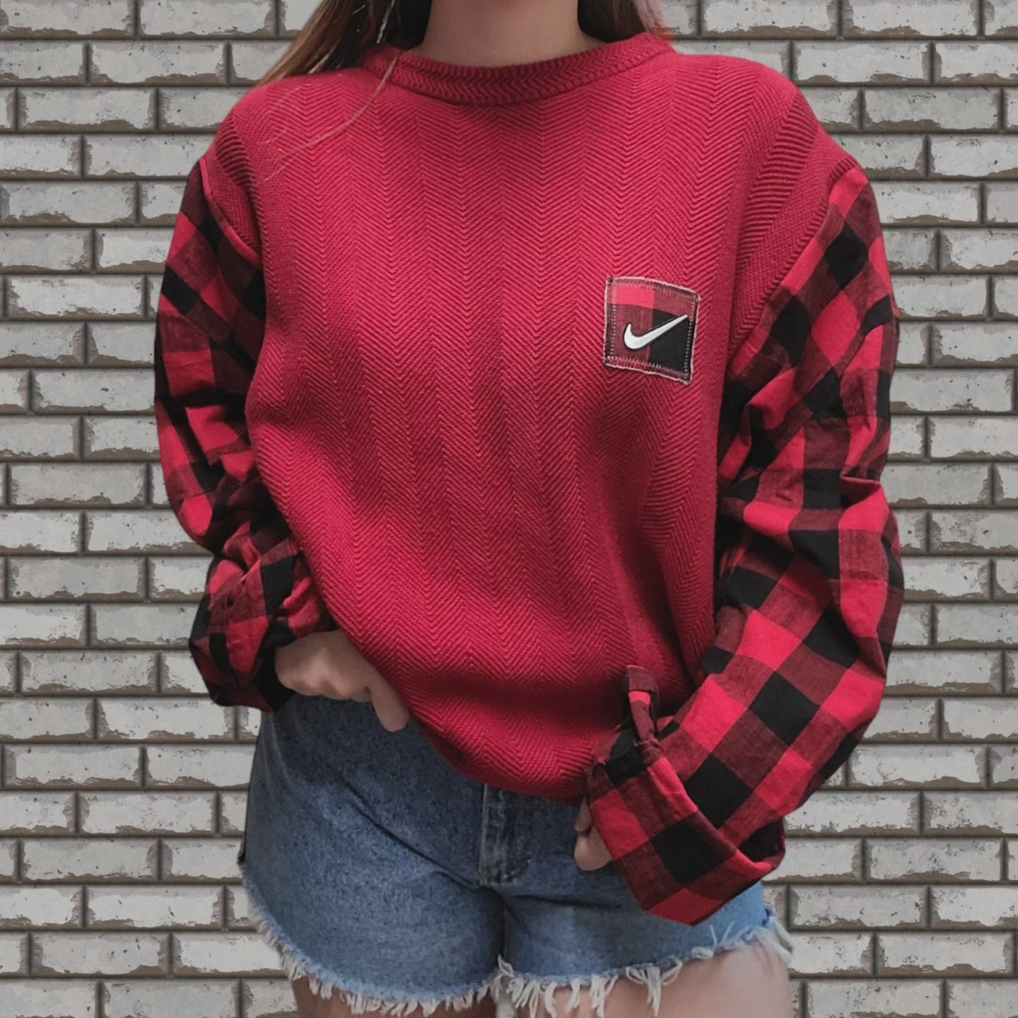 Vintage herringbone sweater x buffalo plaid flannel with logo