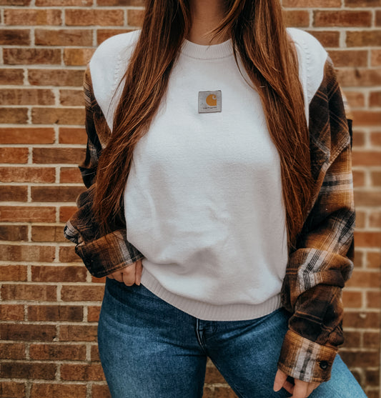 White sweater x flannel with carhartt patch