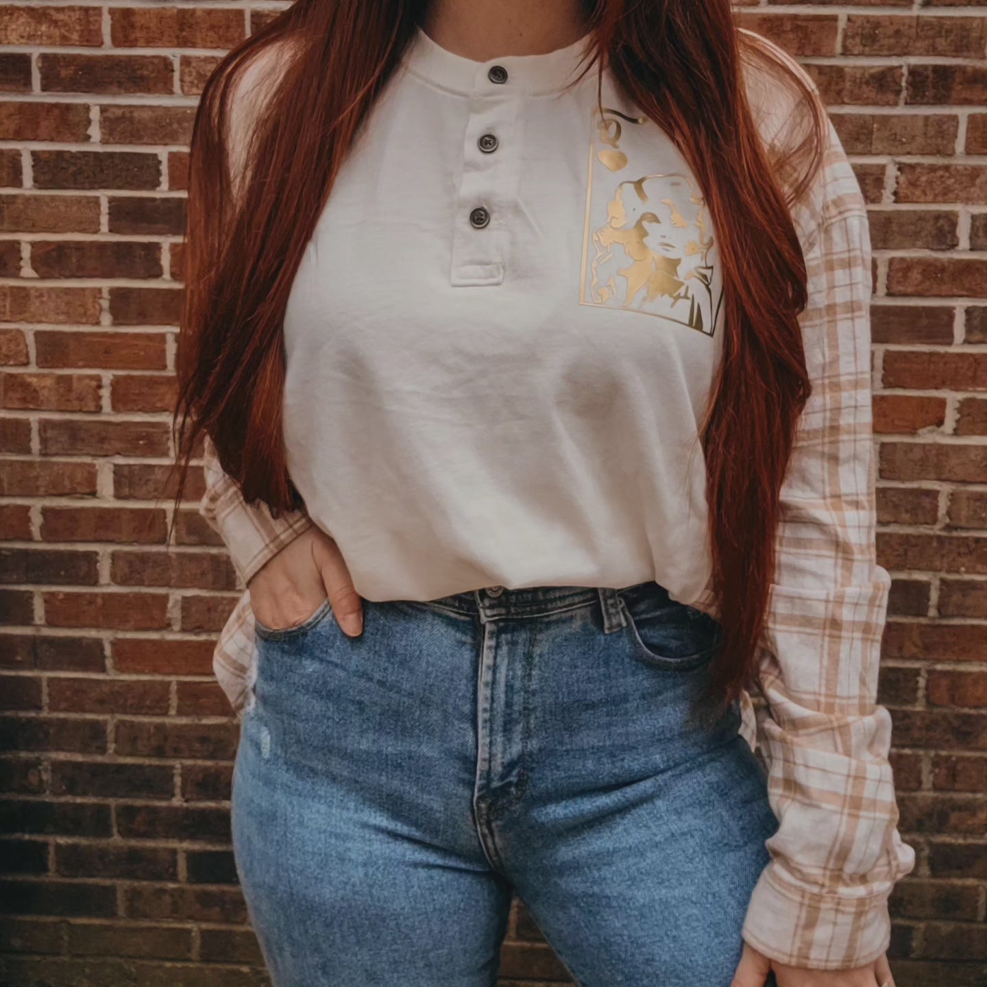 Wrangler henley x flannel with metallic gold Dolly Parton graphic