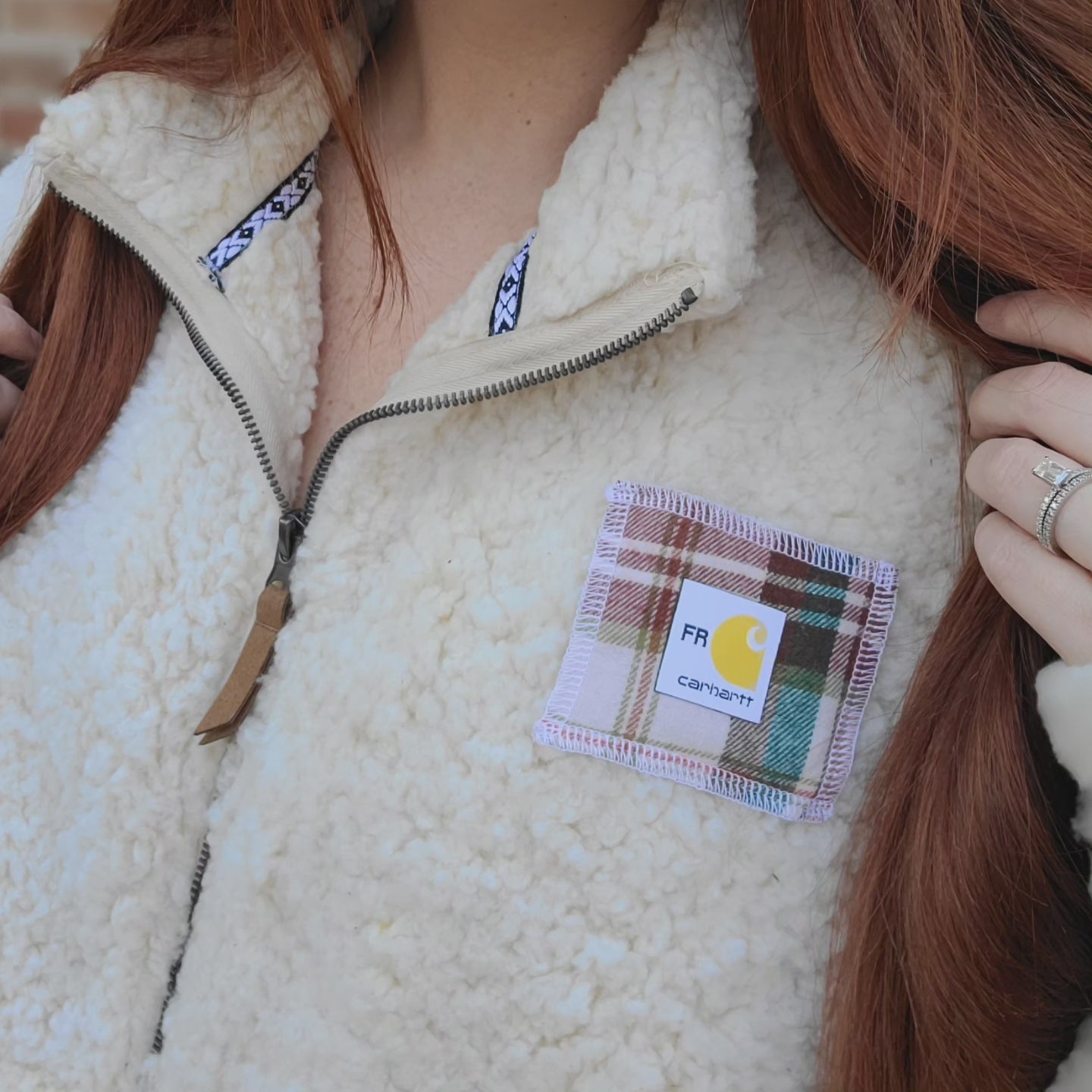 Cream quarter zip sherpa with flannel carhartt patch