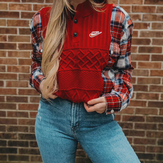 Vintage cableknit sweater x flannel with nike patch