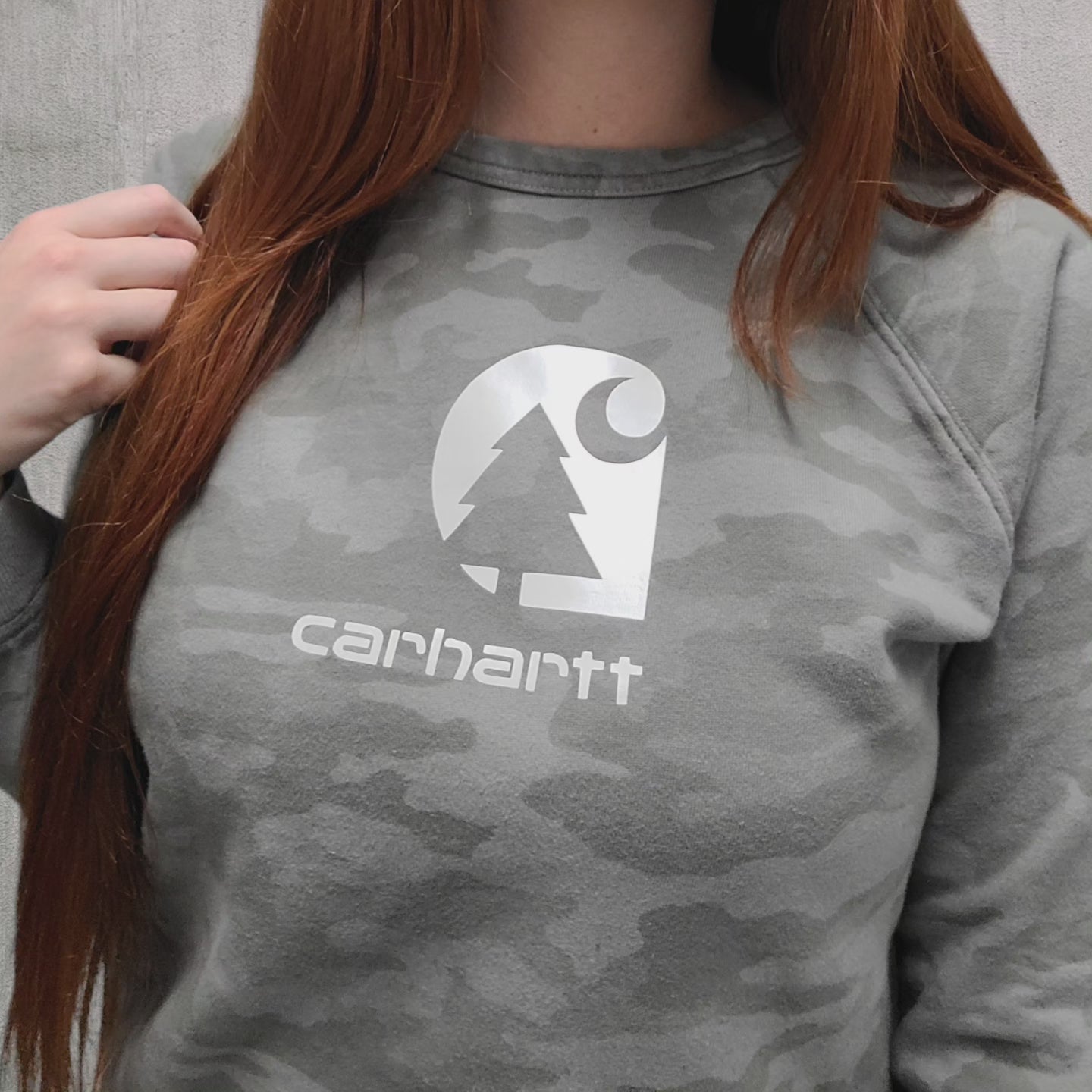 AE camo crewneck with pearlescent Carhartt logo