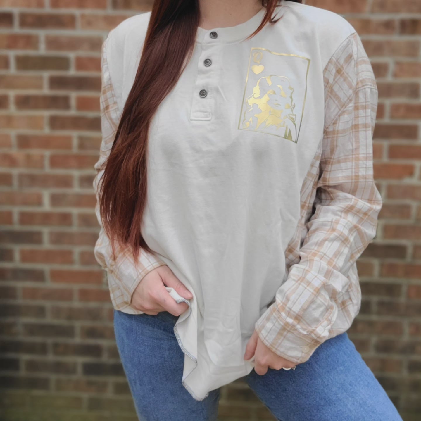 Wrangler henley x flannel with metallic gold Dolly Parton graphic