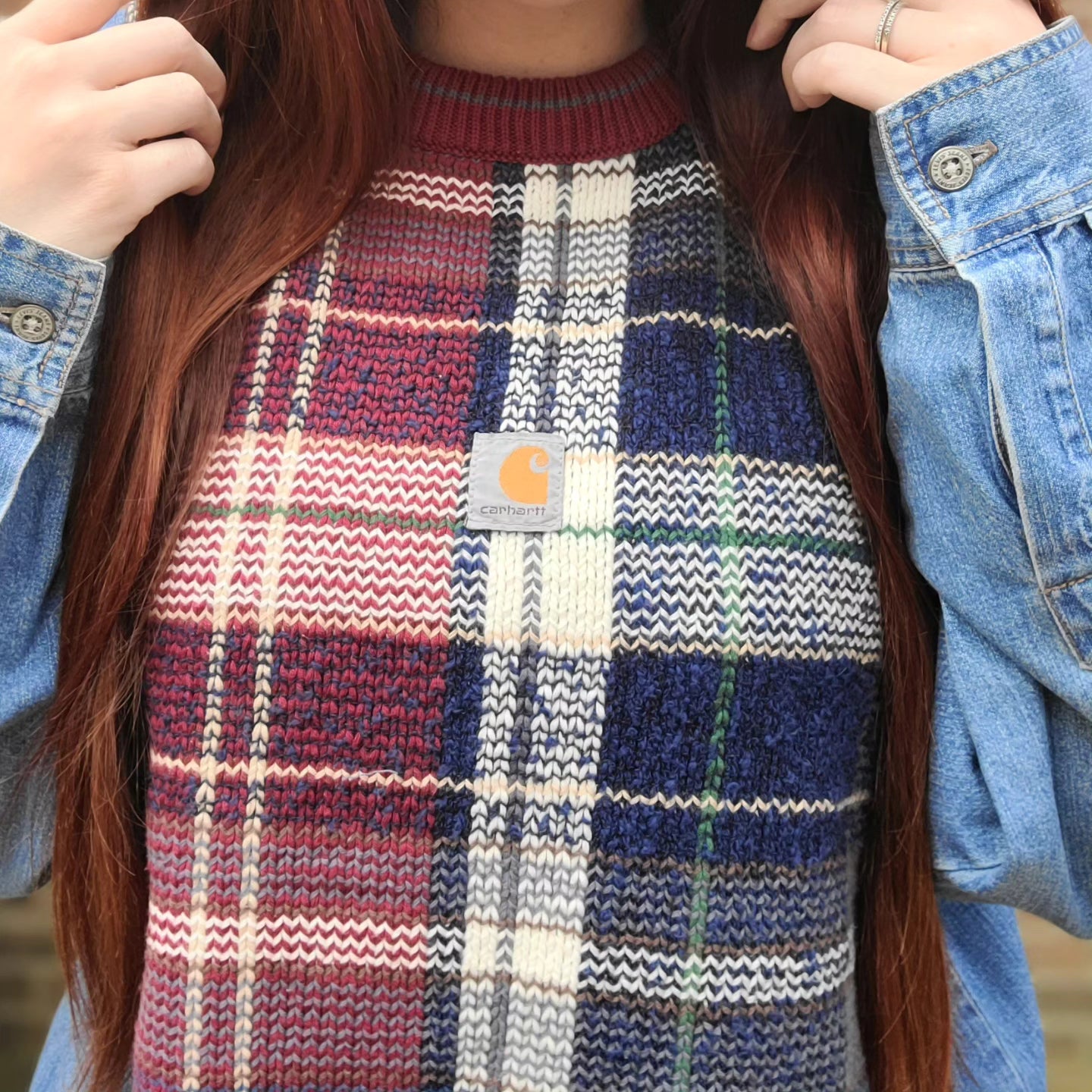 Vintage knit sweater x vintage denim shirt with carhartt patch