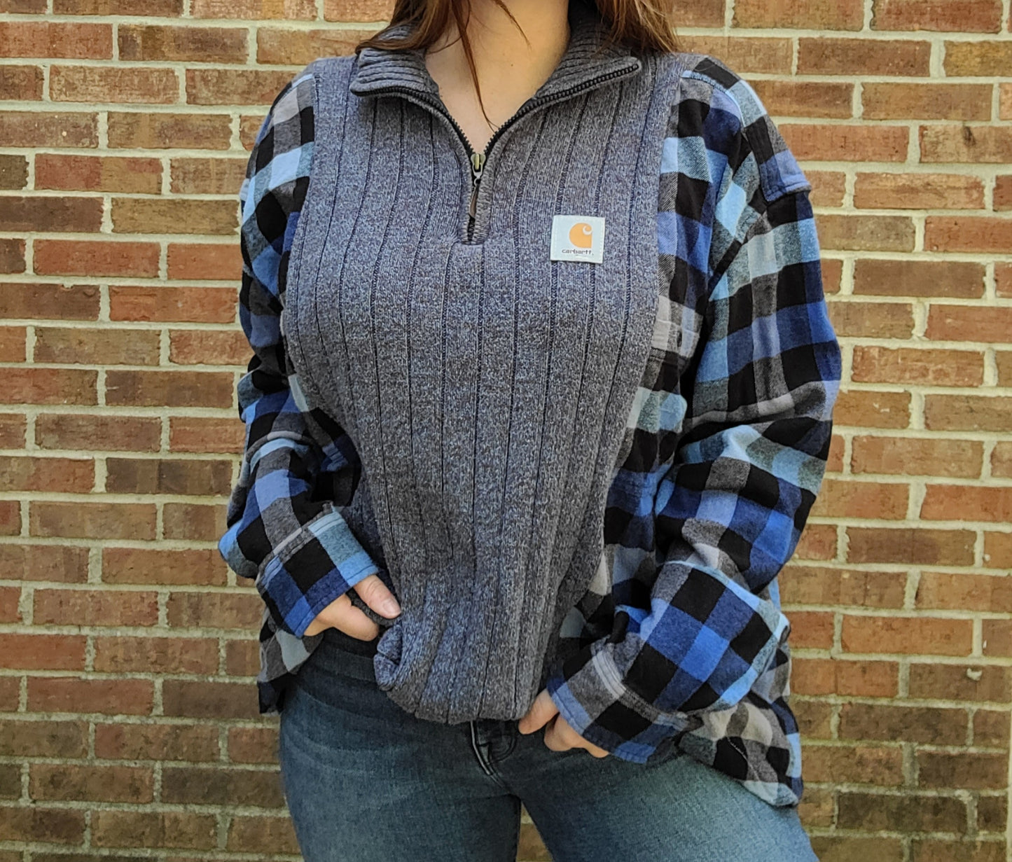 Quarter zip sweater x flannel with carhartt patch