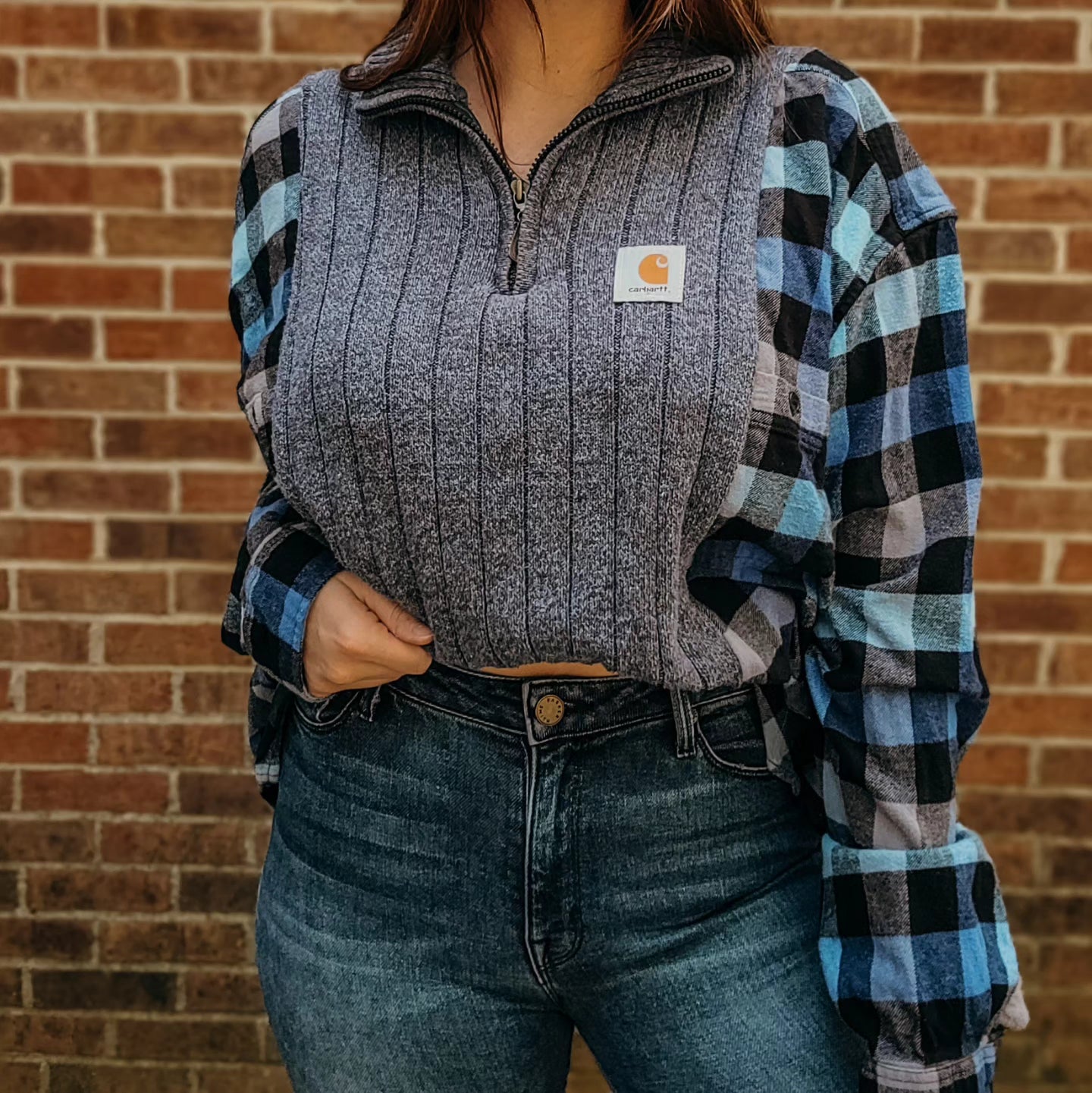 Quarter zip sweater x flannel with carhartt patch