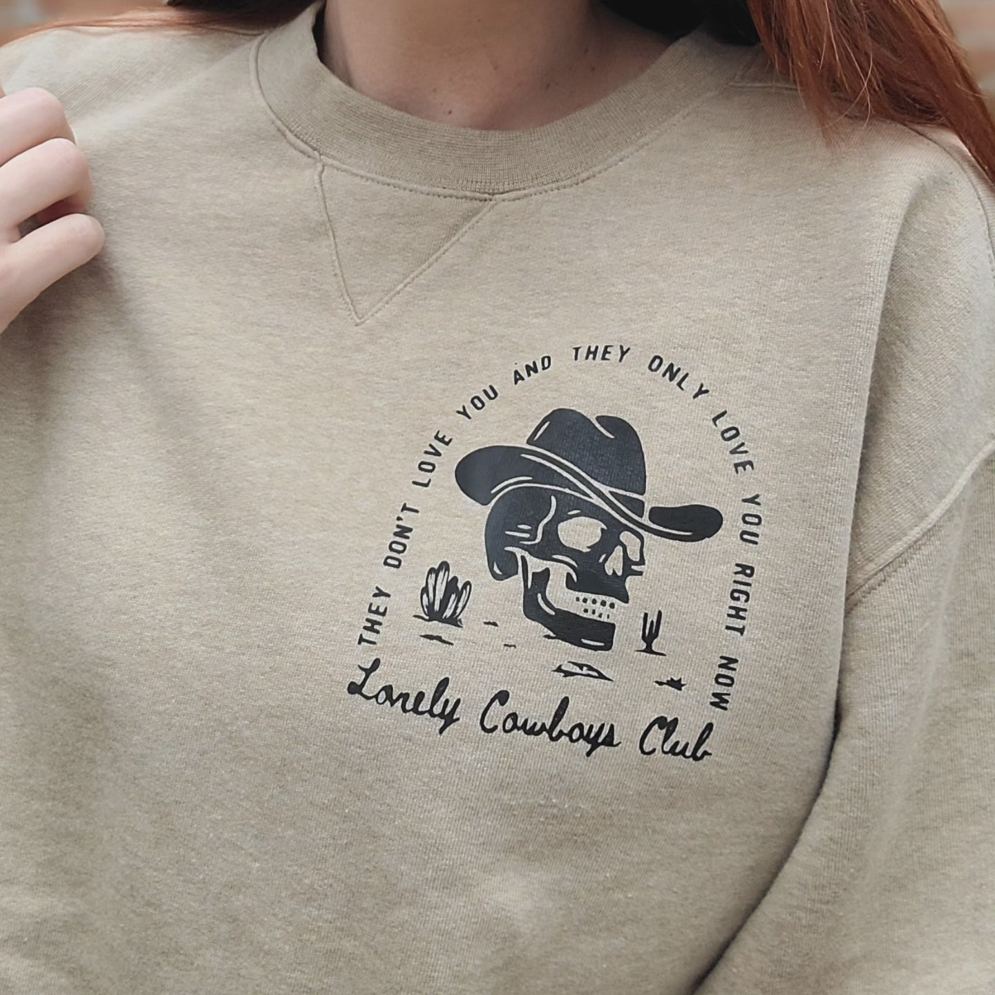 Beige L.L.Bean crewneck with Morgan Wallen Broadway Girls graphic