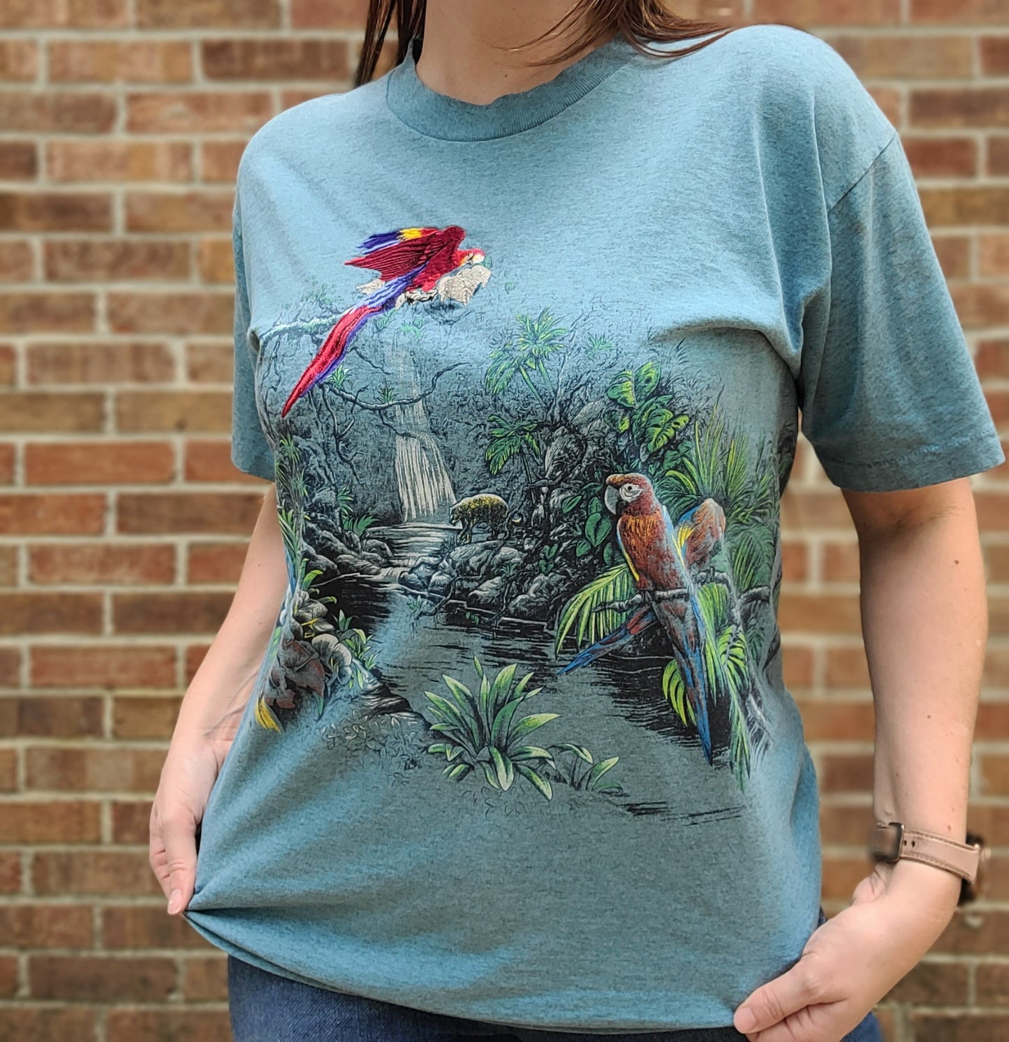 Vintage 90s embroidered tropical rainforest tee