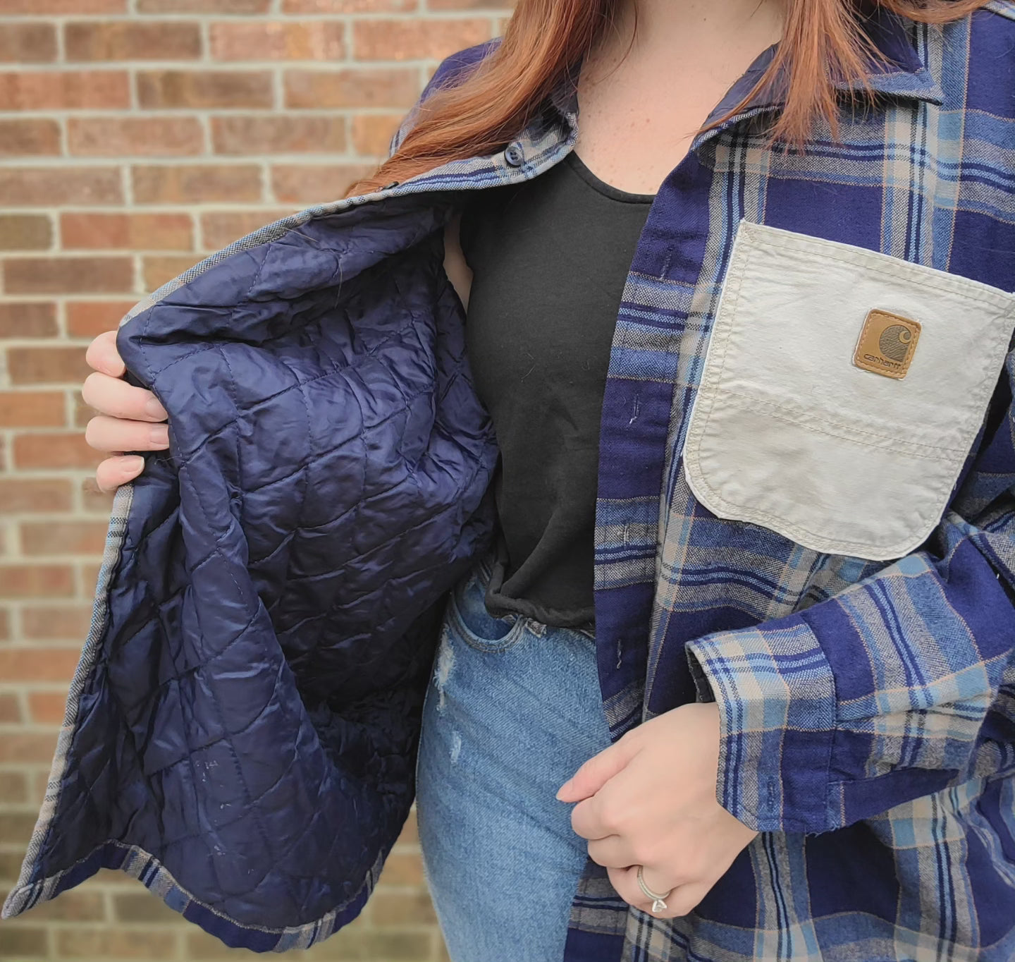 Vintage blue button-up shacket with carhartt pocket