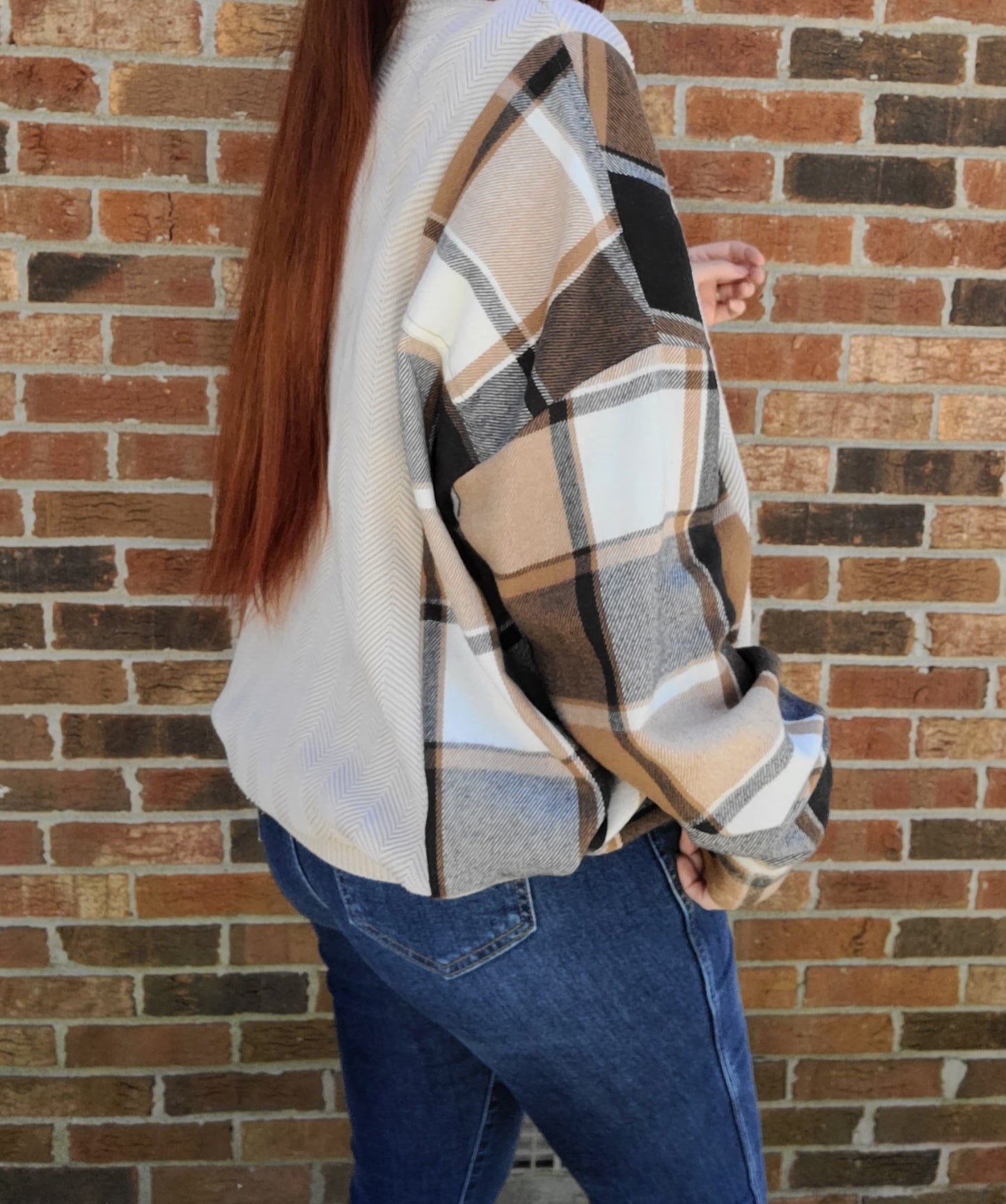 Vintage herringbone sweater x plaid shacket with carhartt patch