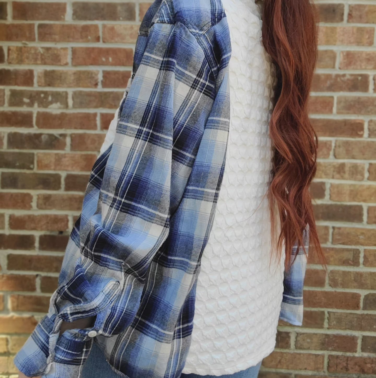 White textured sweater x flannel with carhartt patch