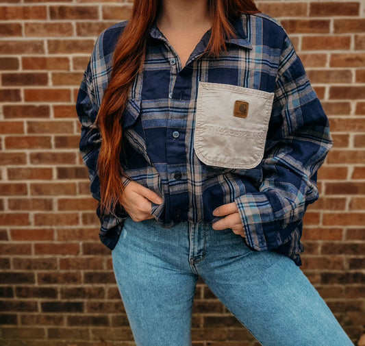 Vintage blue button-up shacket with carhartt pocket