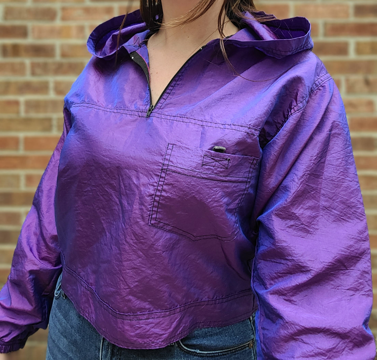 Vintage 1980s iridescent cropped windbreaker hoodie