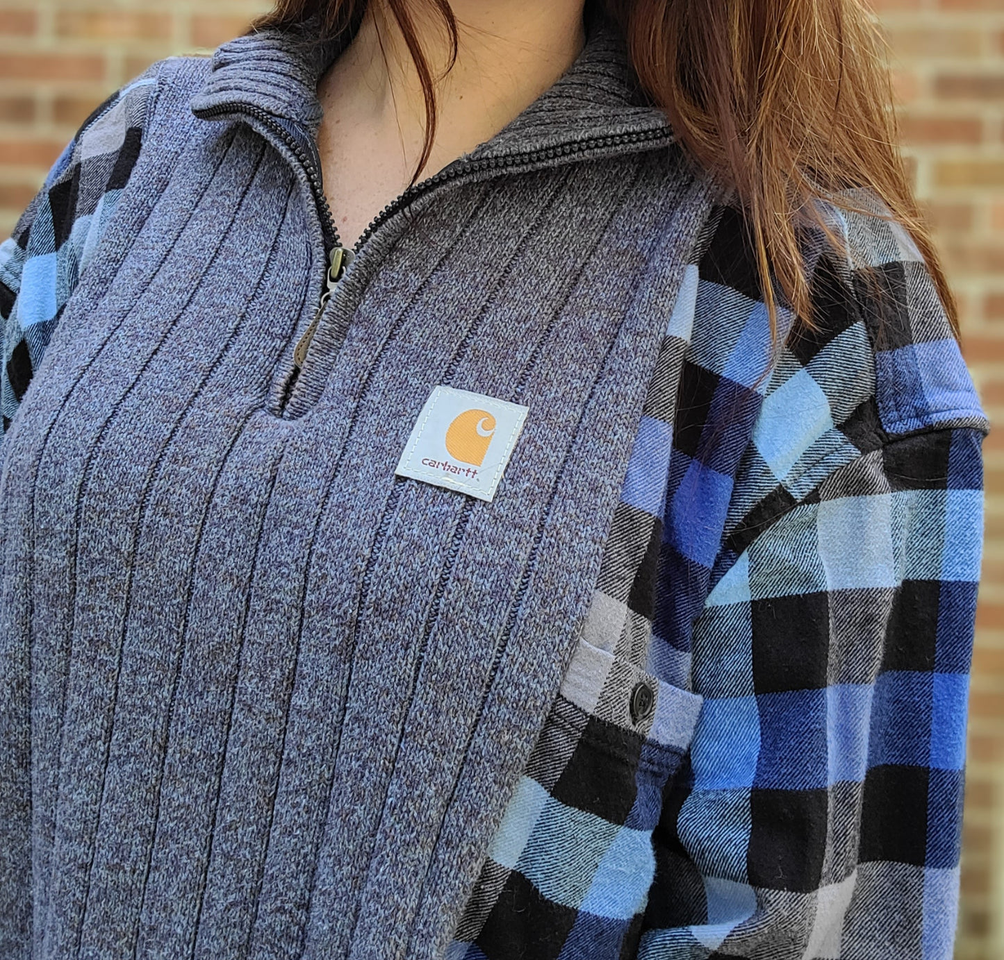 Quarter zip sweater x flannel with carhartt patch