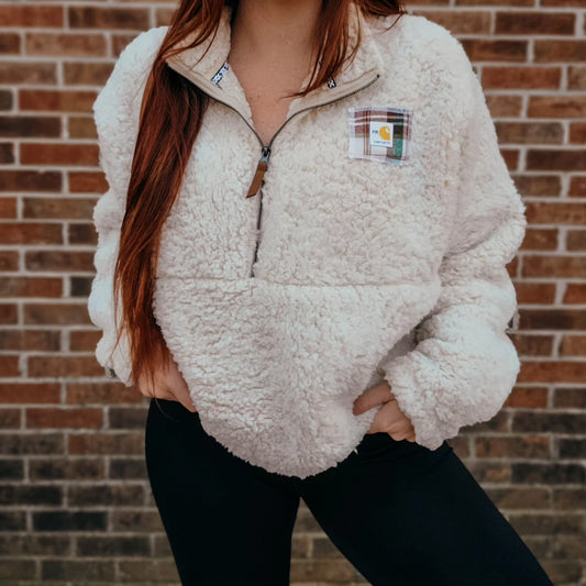 Cream quarter zip sherpa with flannel carhartt patch